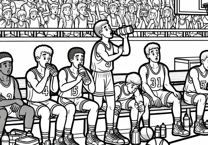 Match de basket pendant la pause - Dessin à colorier gratuit pour les garçons à partir de neuf ans