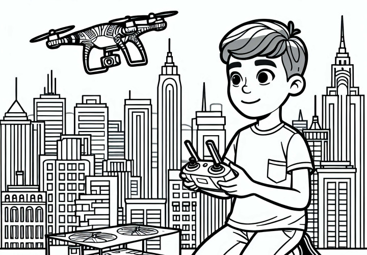 Garçon avec un drone au-dessus de la ville – Dessin à colorier gratuit pour les garçons à partir de neuf ans