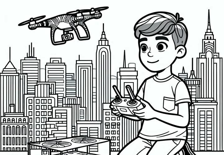 Garçon avec un drone au-dessus de la ville – Dessin à colorier gratuit pour les garçons à partir de neuf ans