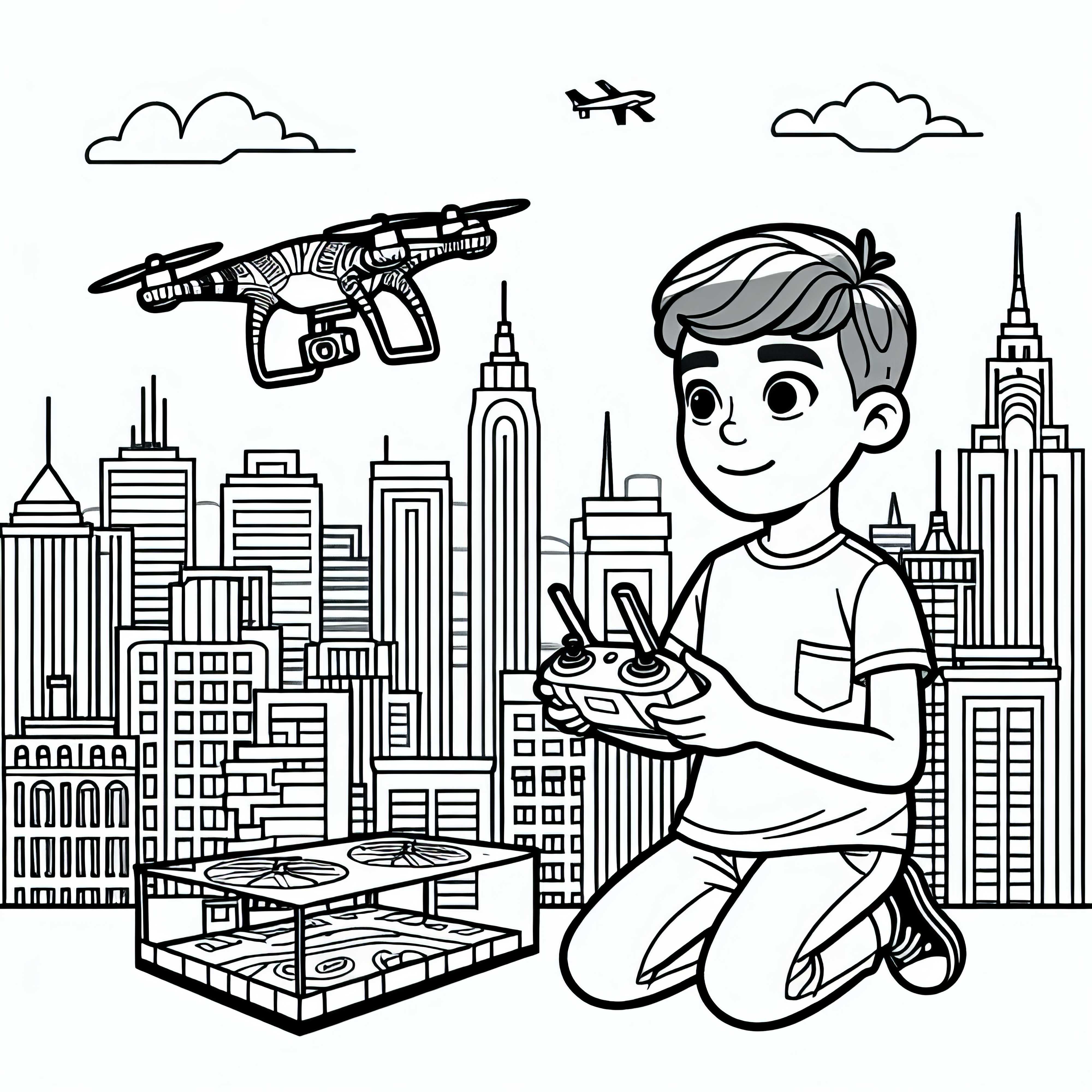 Garçon avec drone au-dessus de la ville – Dessin à colorier pour les garçons à partir de neuf ans, gratuit