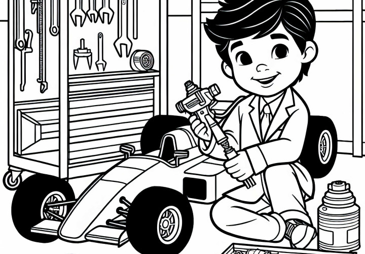 Jeune construit une voiture de course dans l'atelier - Dessin à colorier pour garçons à partir de neuf ans gratuit