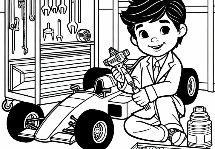 Jeune construit une voiture de course dans l'atelier - Dessin à colorier pour garçons à partir de neuf ans gratuit