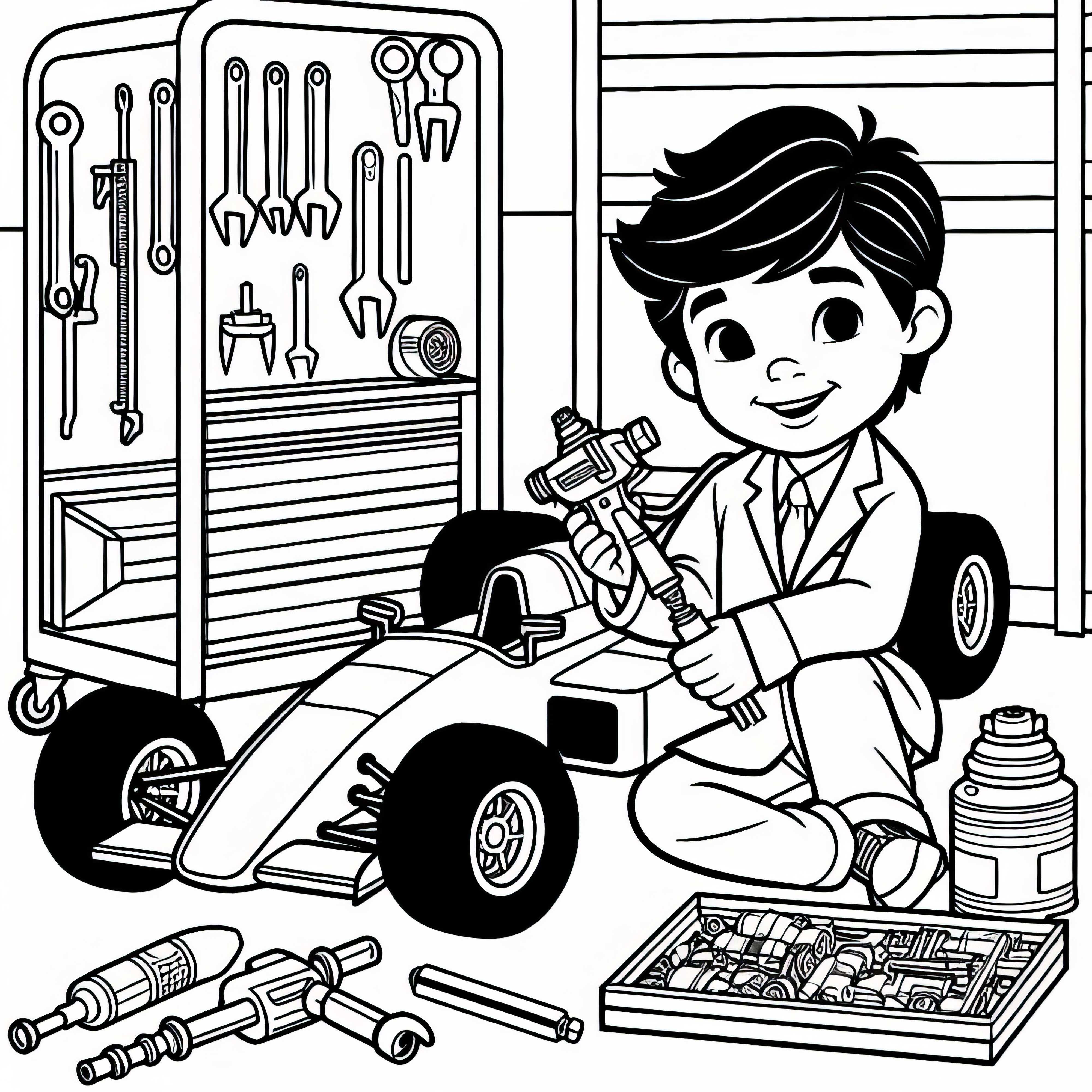 Garçon construit une voiture de course dans l'atelier – Image à colorier pour garçons à partir de neuf ans, gratuite
