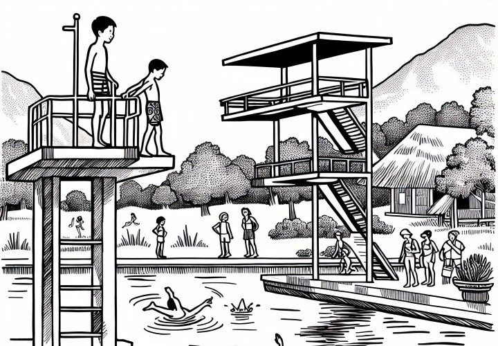 Titre : Coloriage de plongeoir à la piscine gratuit pour les garçons à partir de neuf ans
