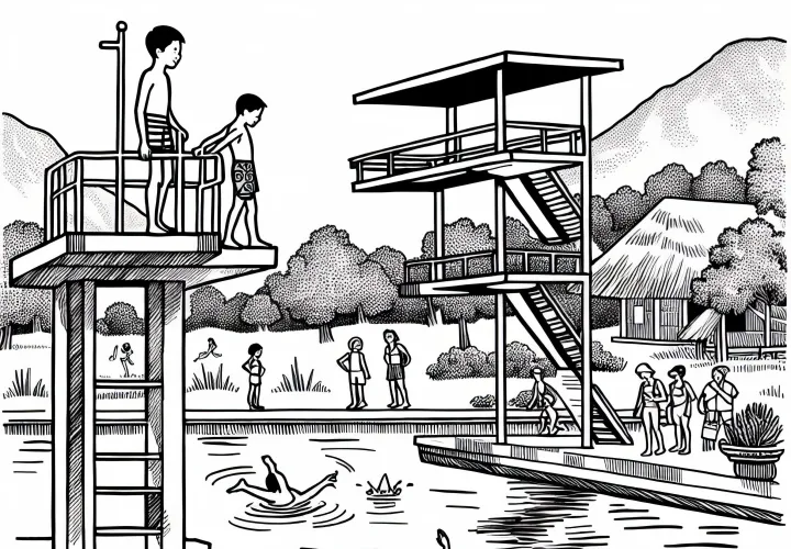 Titre : Coloriage de plongeoir à la piscine gratuit pour les garçons à partir de neuf ans