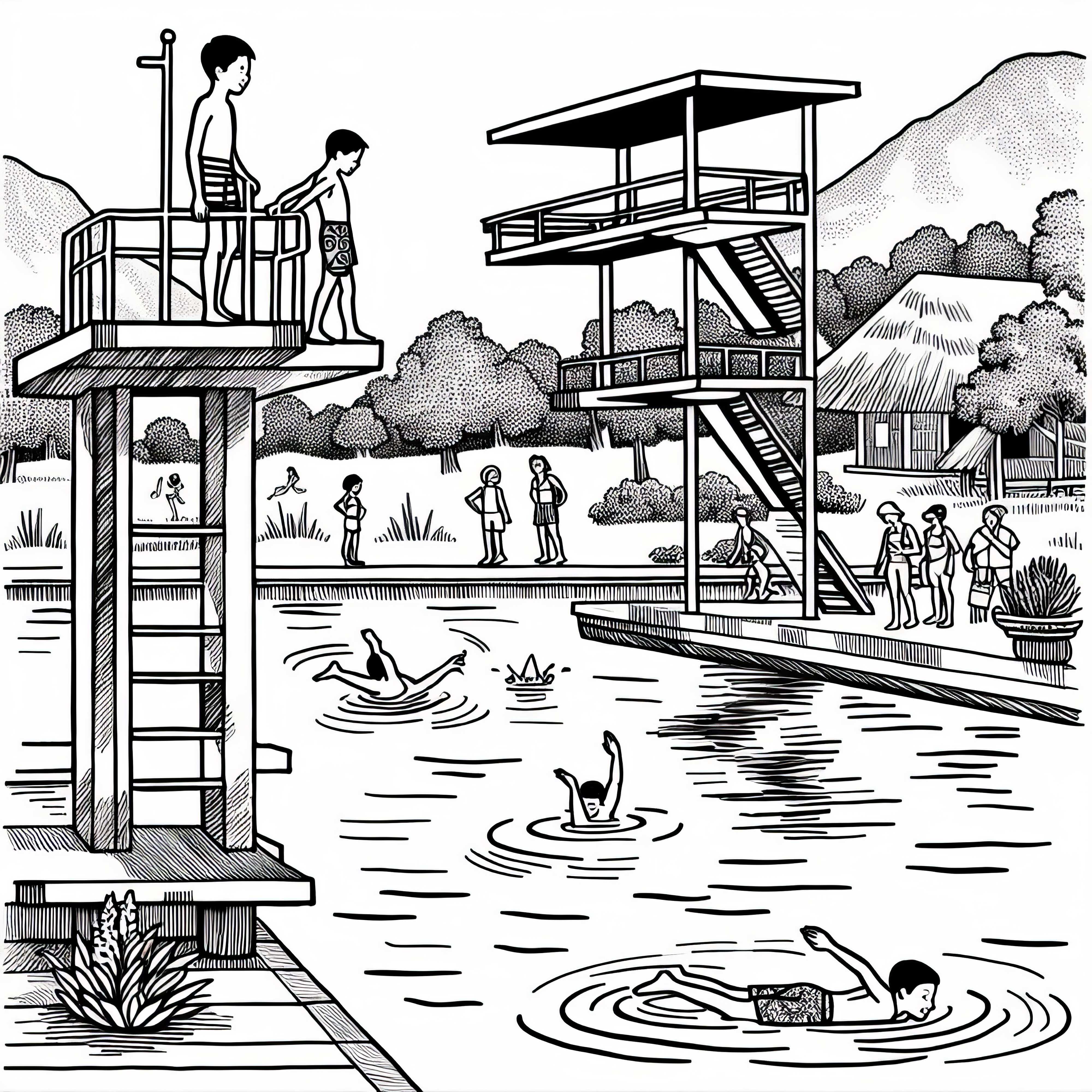 Titre : Dessin à colorier de plongeoir à la piscine gratuit pour les garçons à partir de neuf ans