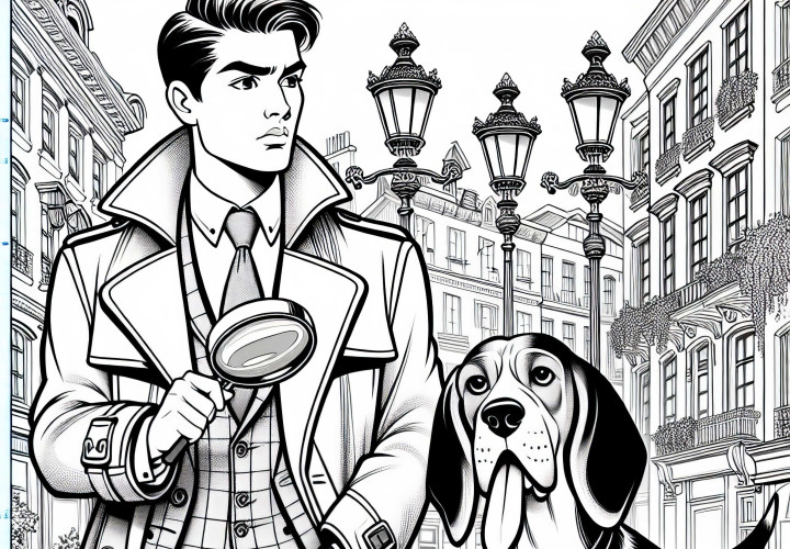 Détective avec un chien à la recherche d'indices - Page à colorier pour les garçons à partir de neuf ans (gratuit)