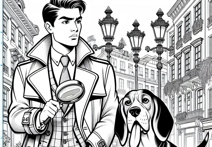 Détective avec un chien à la recherche d'indices - Page à colorier pour les garçons à partir de neuf ans (gratuit)