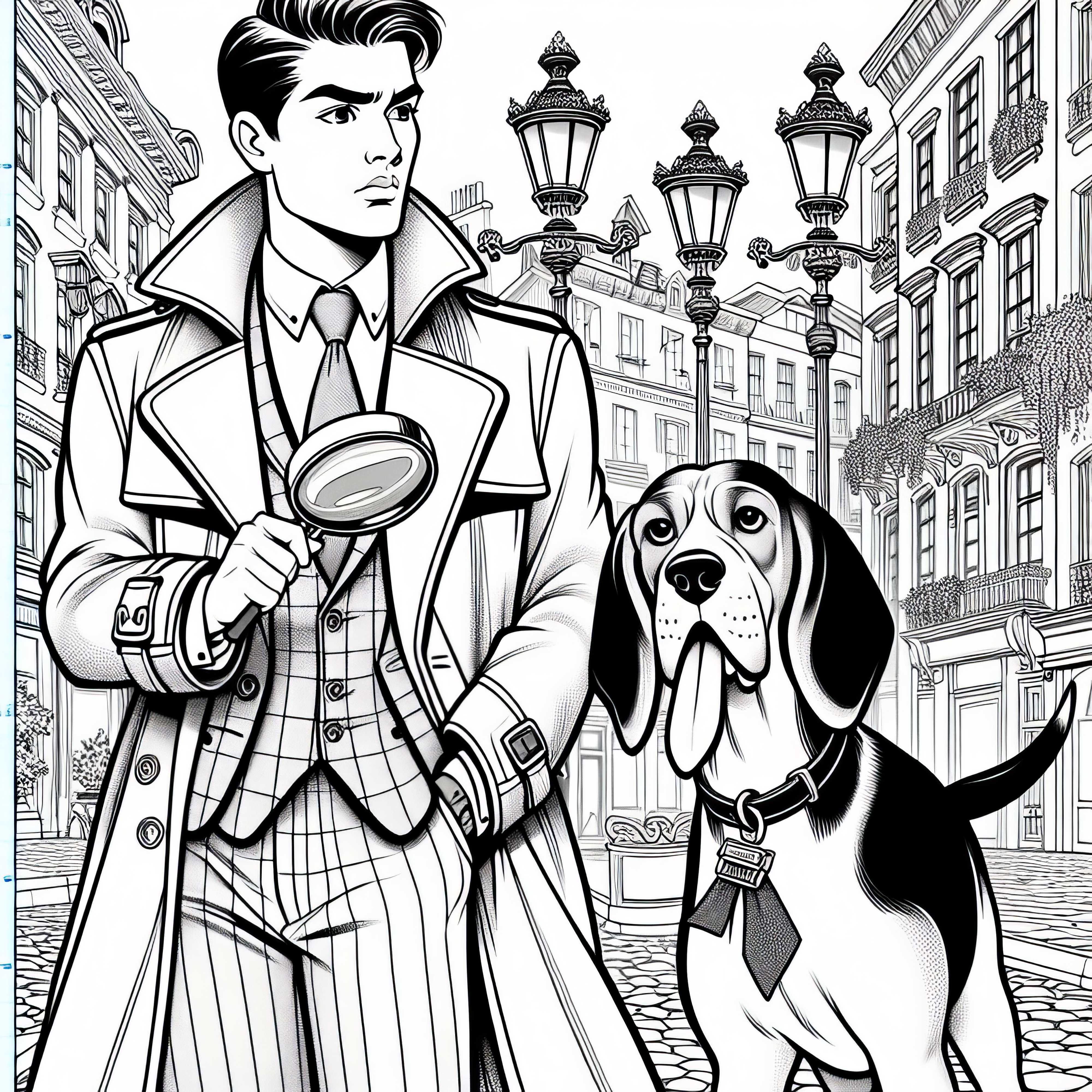 Détective avec un chien en quête d'indices - Dessin à colorier pour les garçons à partir de neuf ans (gratuit)