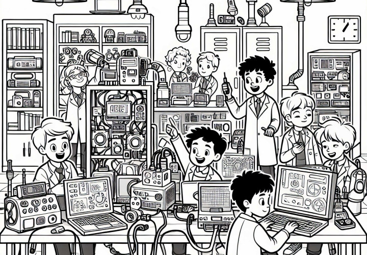 Laboratoire technique avec des appareils et des enfants en tant que chercheurs - Page à colorier pour les garçons à partir de neuf ans