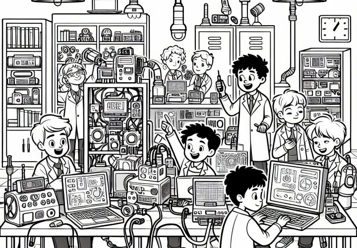 Laboratoire technique avec des appareils et des enfants en tant que chercheurs - Page à colorier pour les garçons à partir de neuf ans