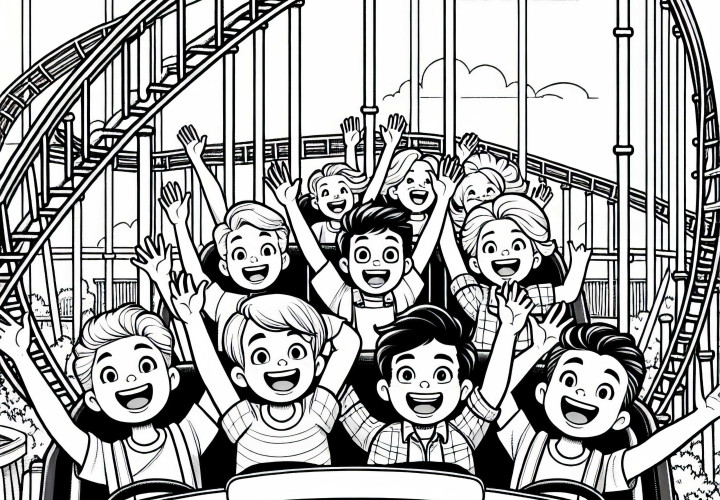 Montagnes russes dans un parc d'attractions avec des enfants joyeux – Dessin à colorier pour les garçons à partir de neuf ans gratuit