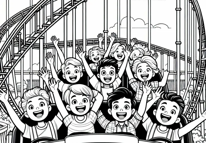Montagnes russes dans un parc d'attractions avec des enfants joyeux – Dessin à colorier pour les garçons à partir de neuf ans gratuit