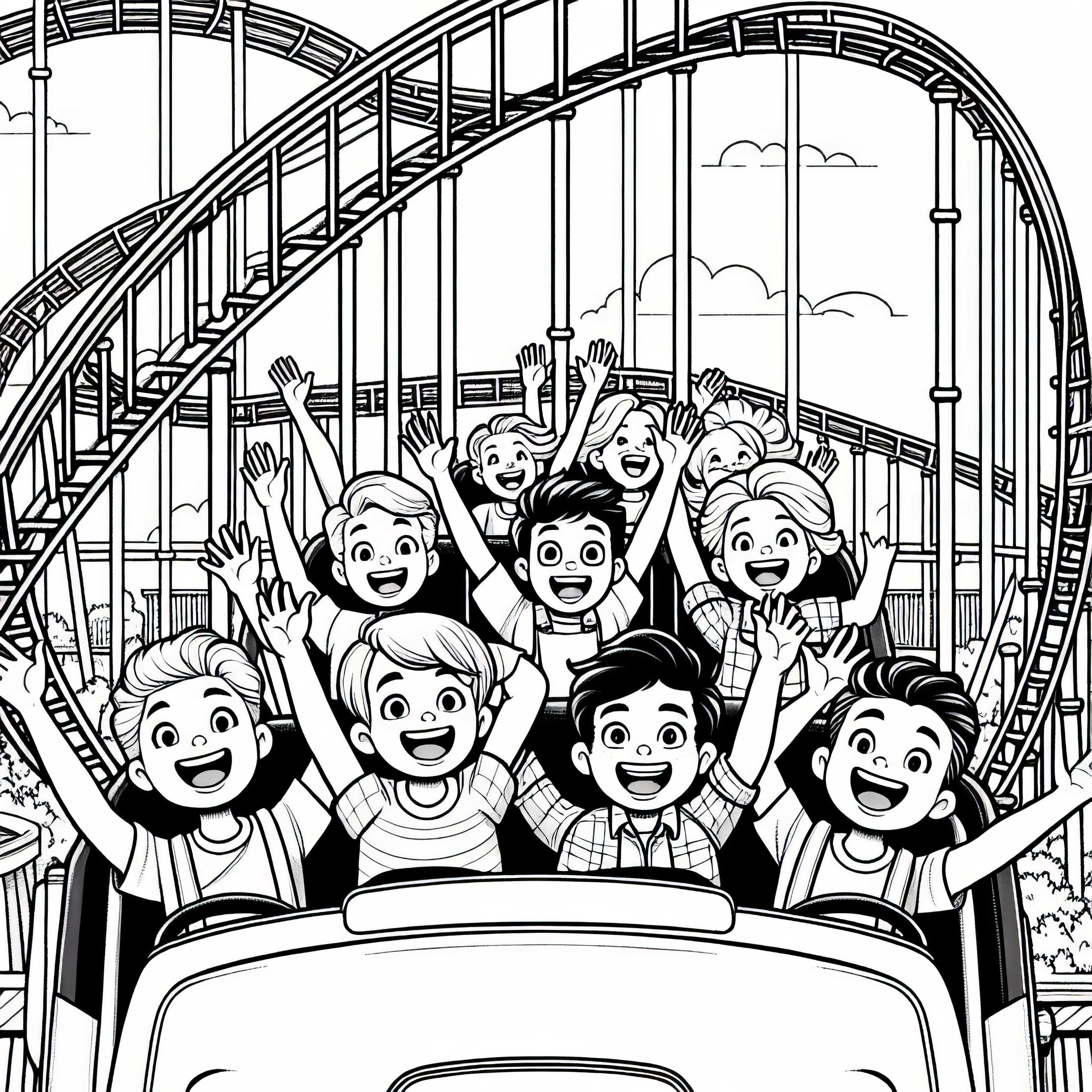 Montagnes russes dans un parc d'attractions avec des enfants joyeux - coloriage gratuit pour les garçons à partir de neuf ans