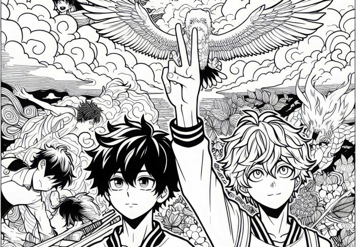 Scène de manga avec des émotions : rêve, courage et amitié – Coloriage gratuit pour les garçons à partir de douze ans