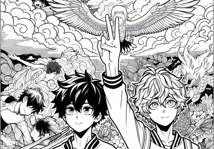 Scène de manga avec des émotions : rêve, courage et amitié – Coloriage gratuit pour les garçons à partir de douze ans