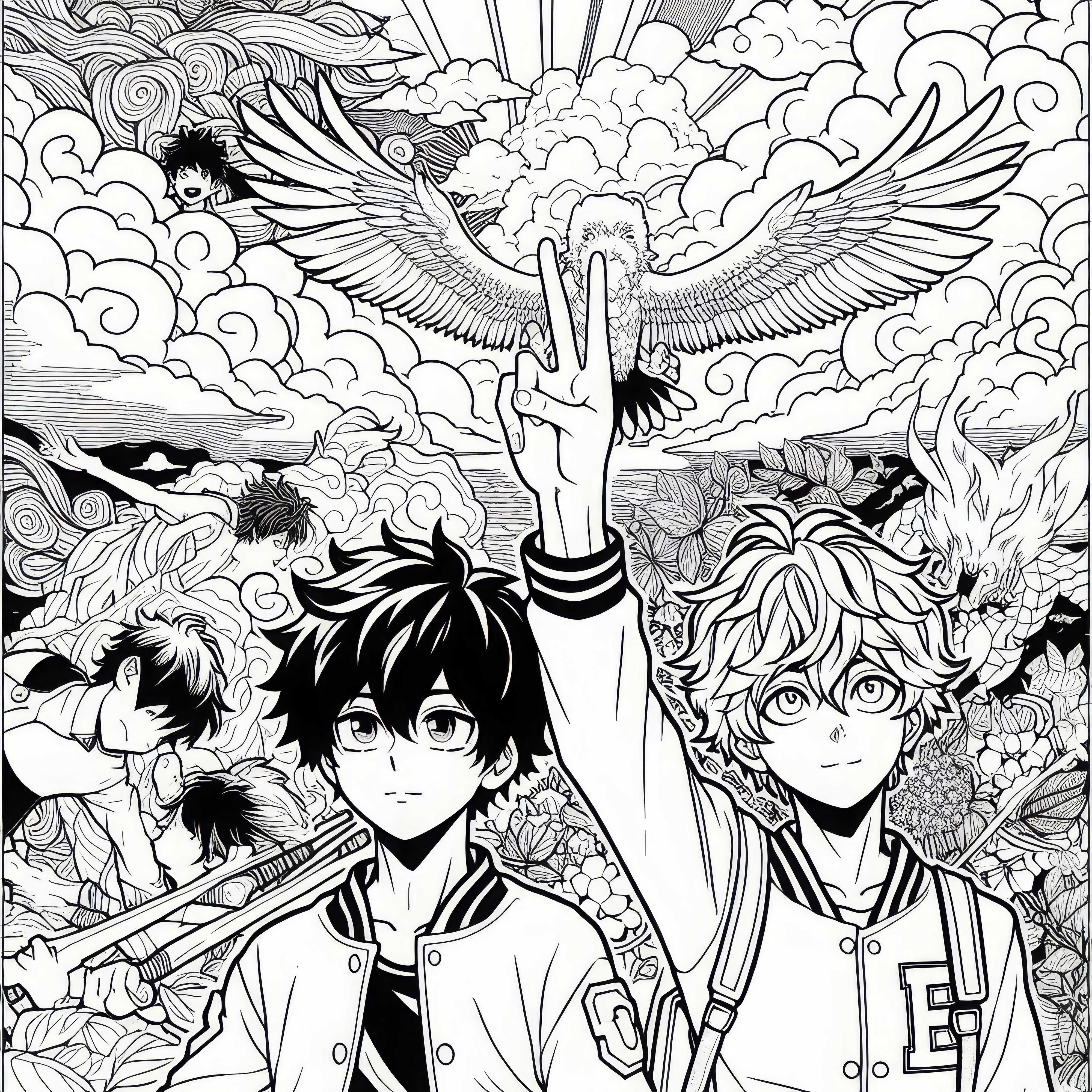 Scène de manga avec des émotions : rêve, courage et amitié – Dessin à colorier gratuit pour les garçons à partir de douze ans