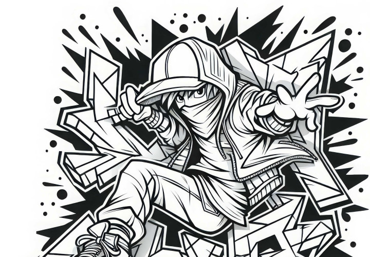 Téléchargez gratuitement un dessin de graffiti avec une figure dynamique à colorier pour les garçons de plus de douze ans