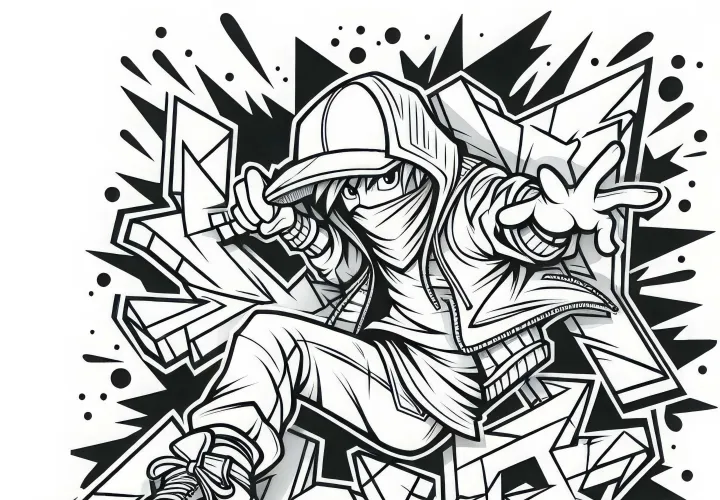 Téléchargez gratuitement un dessin de graffiti avec une figure dynamique à colorier pour les garçons de plus de douze ans