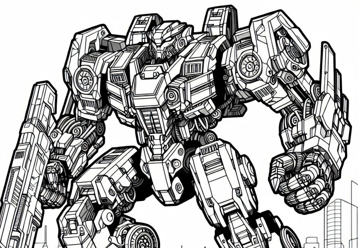 Robot de mécha dans un style futuriste – Image à colorier pour les garçons à partir de douze ans gratuite