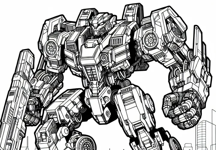 Robot de mécha dans un style futuriste – Image à colorier pour les garçons à partir de douze ans gratuite
