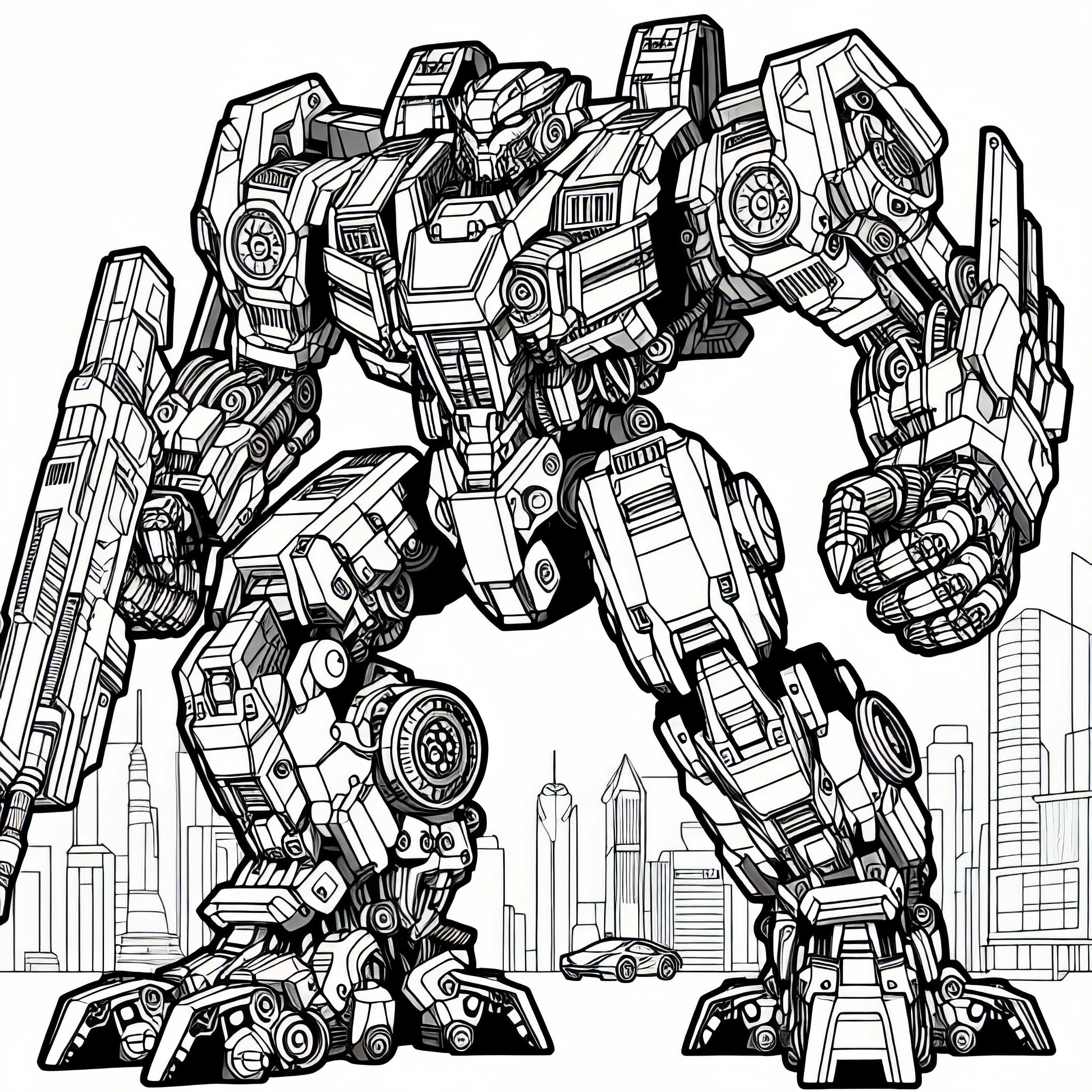 Robotique Mecha au style futuriste – Image à colorier pour les garçons à partir de douze ans, gratuite
