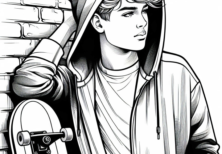 Garçon avec un hoodie et un skateboard appuyé contre un mur – Modèle à colorier pour les garçons de plus de douze ans gratuit