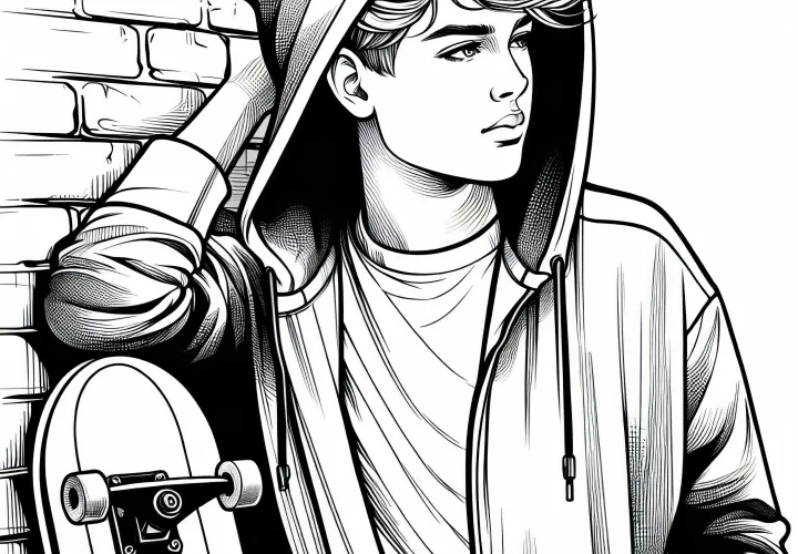 Garçon avec un hoodie et un skateboard appuyé contre un mur – Modèle à colorier pour les garçons de plus de douze ans gratuit