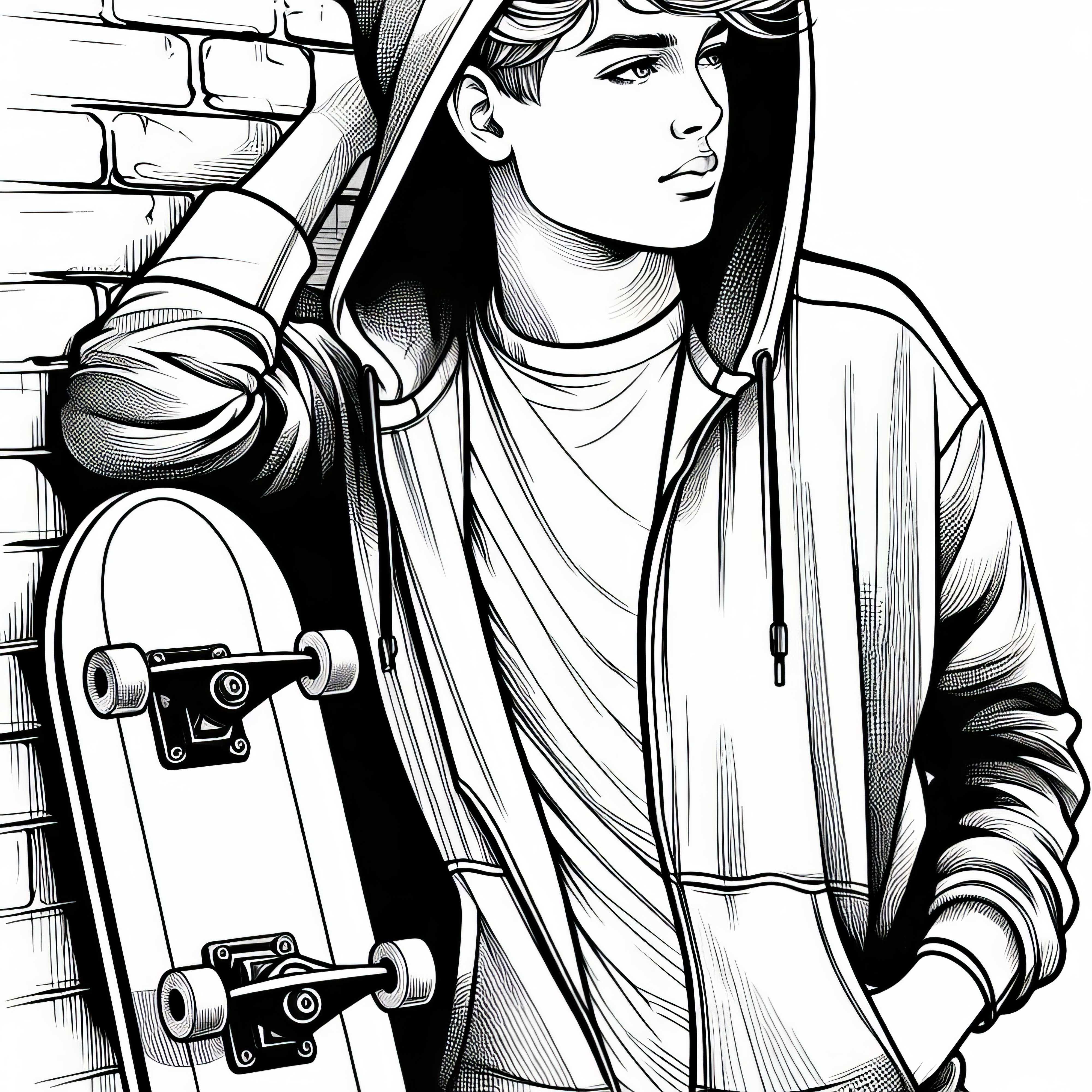 Garçon avec un sweat à capuche et un skate adossé à un mur – Dessin à colorier gratuit pour les garçons de plus de douze ans