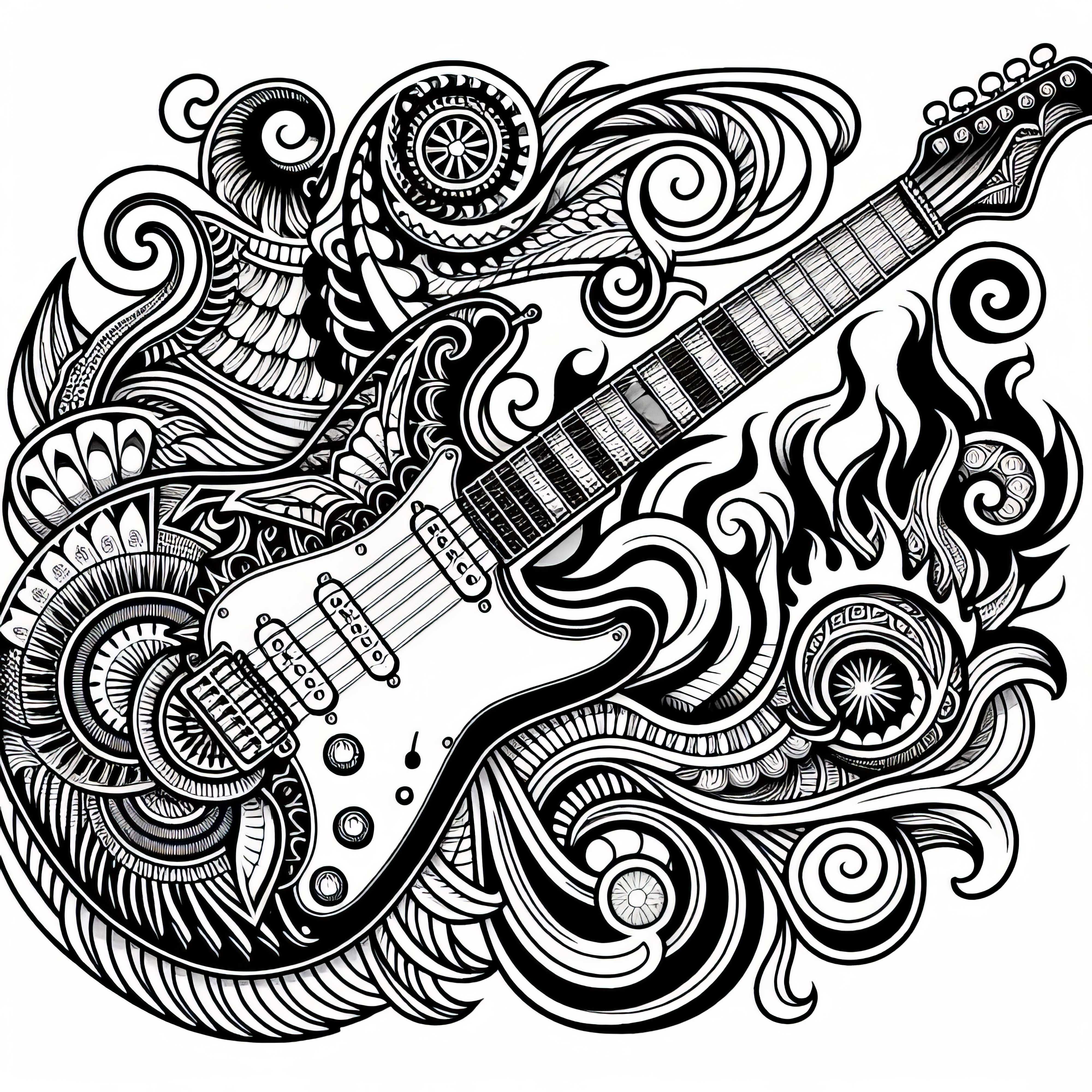 Guitare électrique avec motif comme modèle de coloriage pour garçons à partir de douze ans gratuit