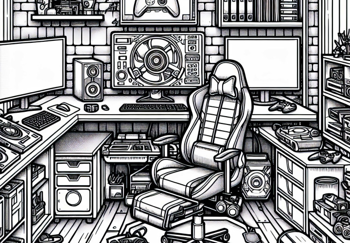 Modèle de coloriage de chambre de gamer moderne pour garçons à partir de douze ans, gratuit