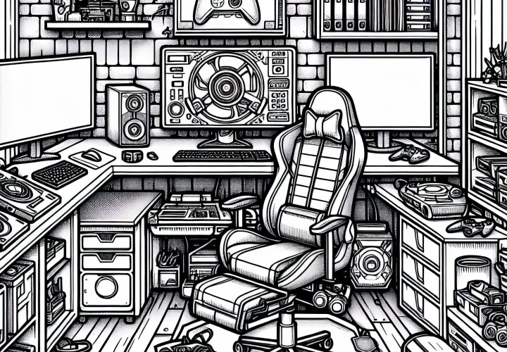 Modèle de coloriage de chambre de gamer moderne pour garçons à partir de douze ans, gratuit