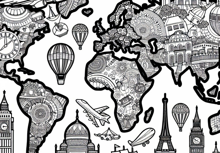Image de coloriage stylisé d'une carte du monde avec des destinations de voyage pour les garçons de plus de douze ans