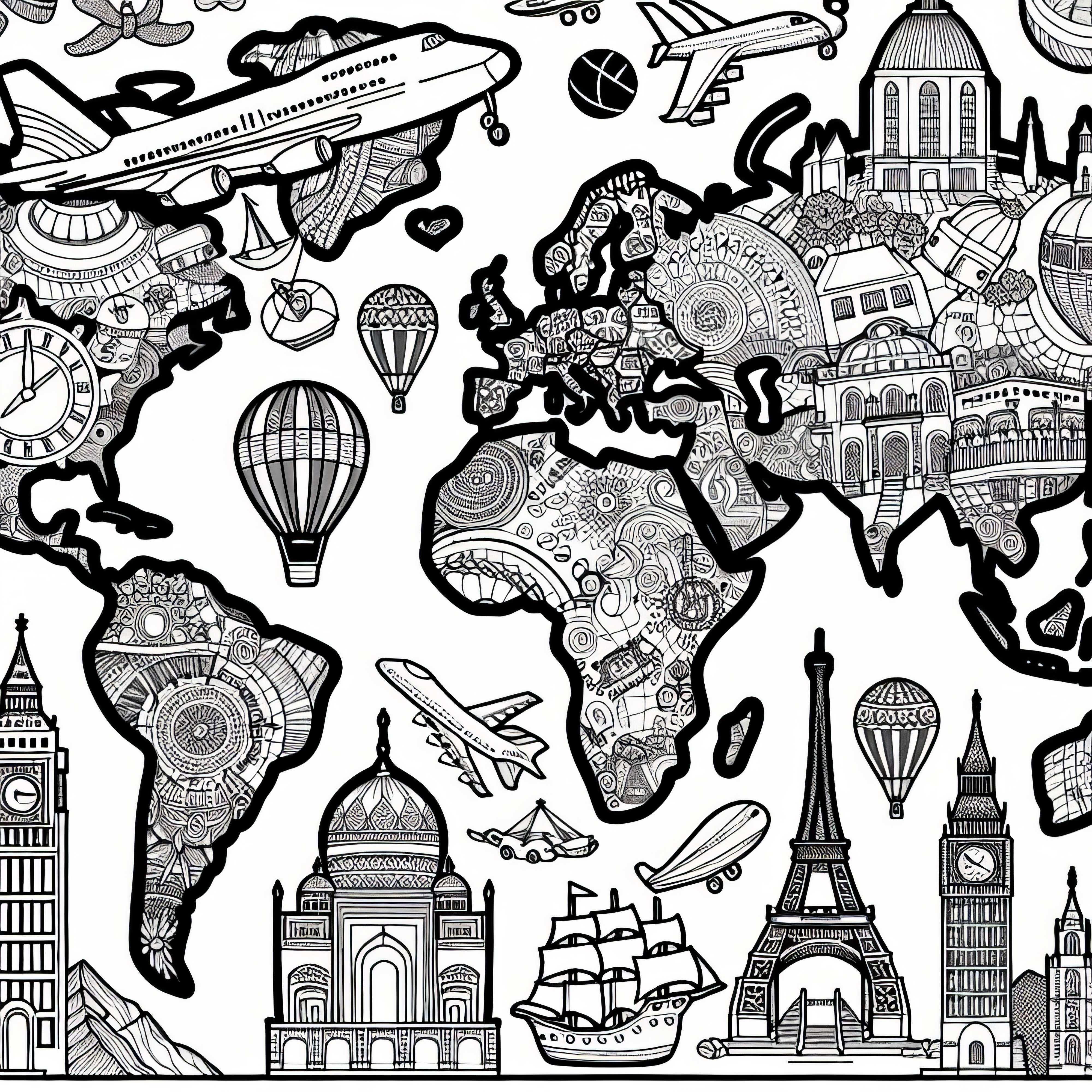 Image à colorier stylisé d'une carte du monde avec des destinations de voyage pour les garçons de plus de douze ans