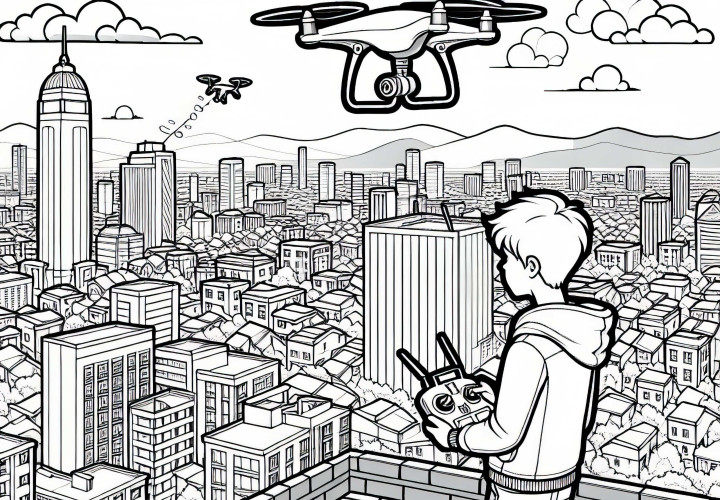 Garçon avec un drone sur le toit - Image à colorier gratuite pour les garçons à partir de douze ans