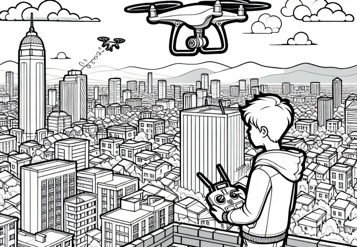 Garçon avec un drone sur le toit - Image à colorier gratuite pour les garçons à partir de douze ans