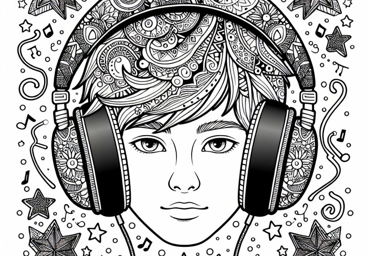 Modèle de coloriage Mandala avec des écouteurs pour garçons à partir de douze ans, gratuit