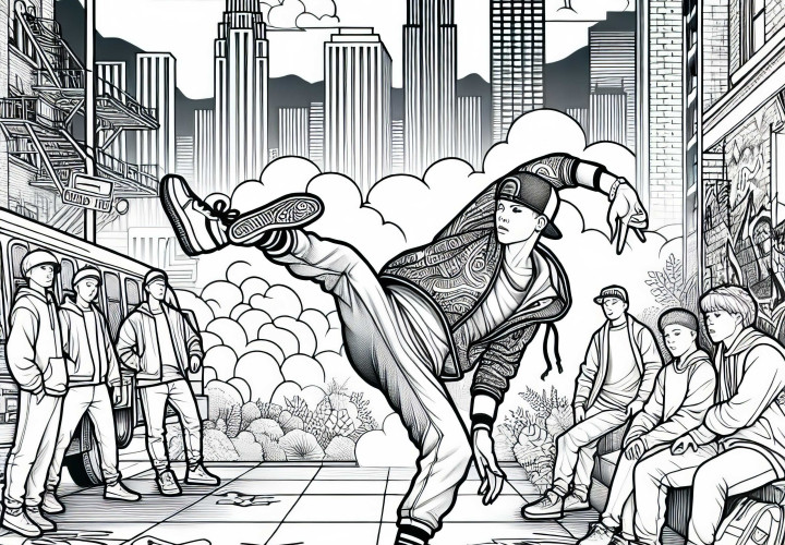 Motif de rue urbaine avec breakdance – Image à colorier gratuite pour les garçons à partir de douze ans
