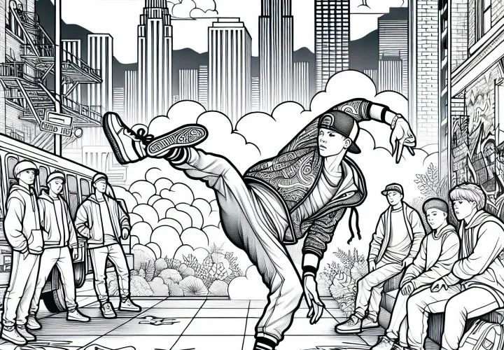 Motif de rue urbaine avec breakdance – Image à colorier gratuite pour les garçons à partir de douze ans