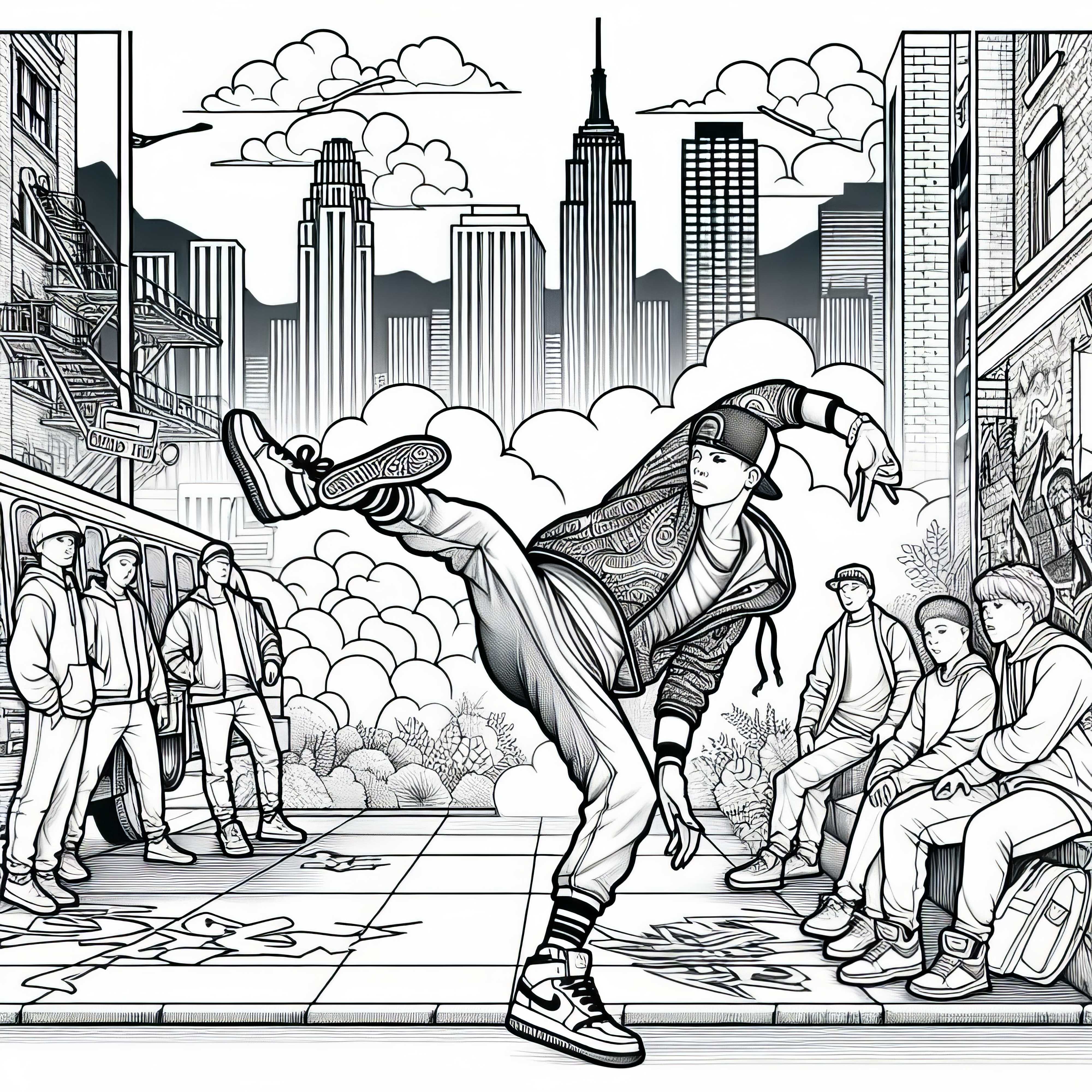 Motif de rue urbaine avec breakdancer – image à colorier gratuite pour les garçons à partir de douze ans