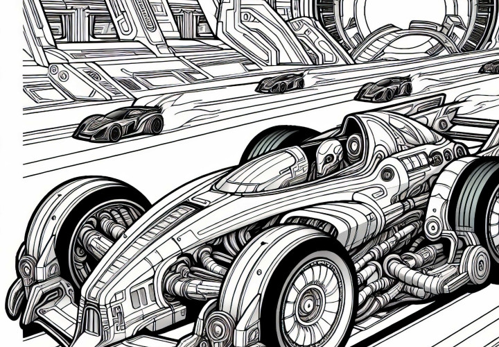 Véhicule de course sci-fi sur la piste – Image à colorier pour les garçons à partir de douze ans gratuite