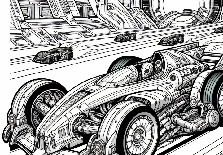 Véhicule de course sci-fi sur la piste – Image à colorier pour les garçons à partir de douze ans gratuite