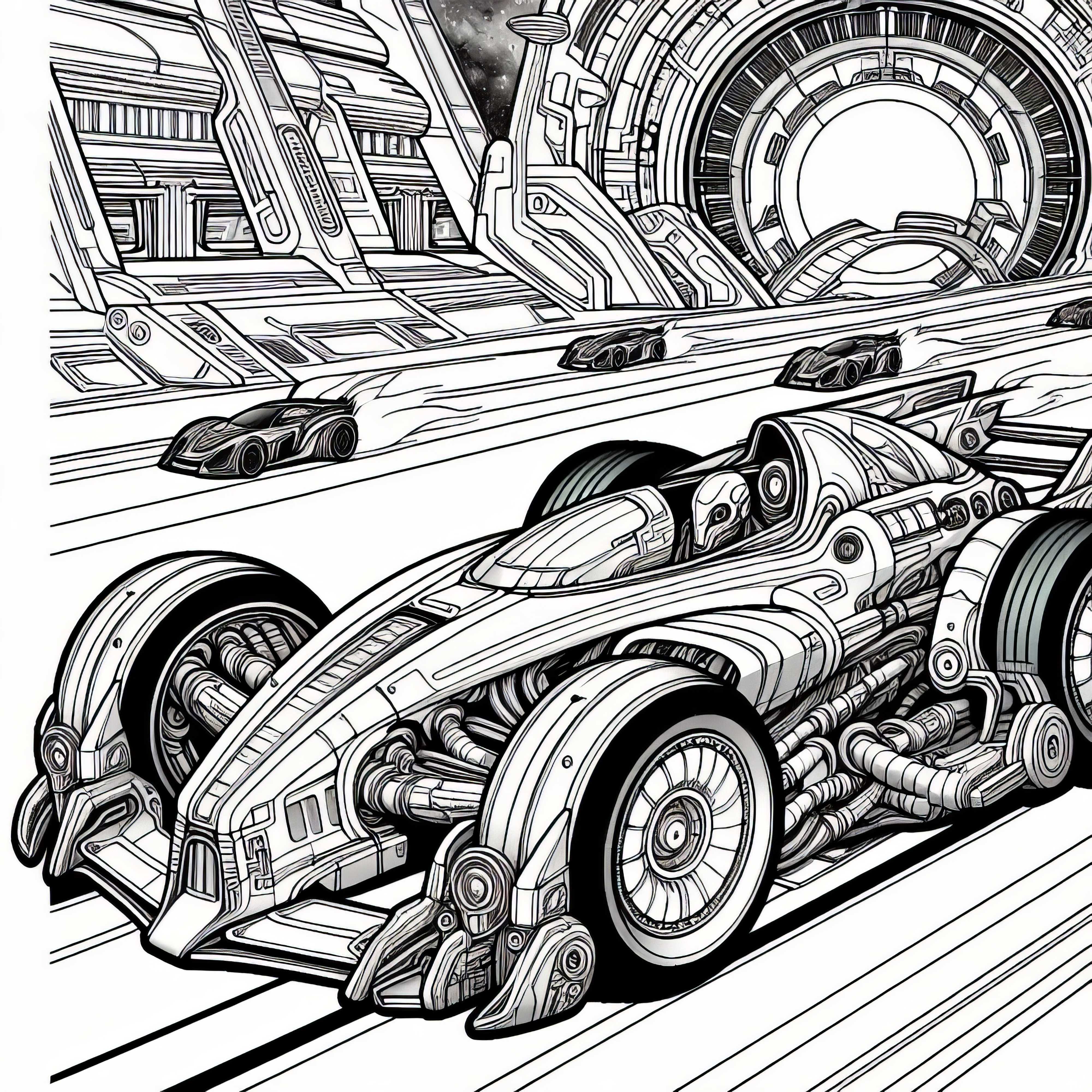 Véhicule de course Sci-Fi sur la piste – Dessin à colorier gratuit pour les garçons à partir de douze ans