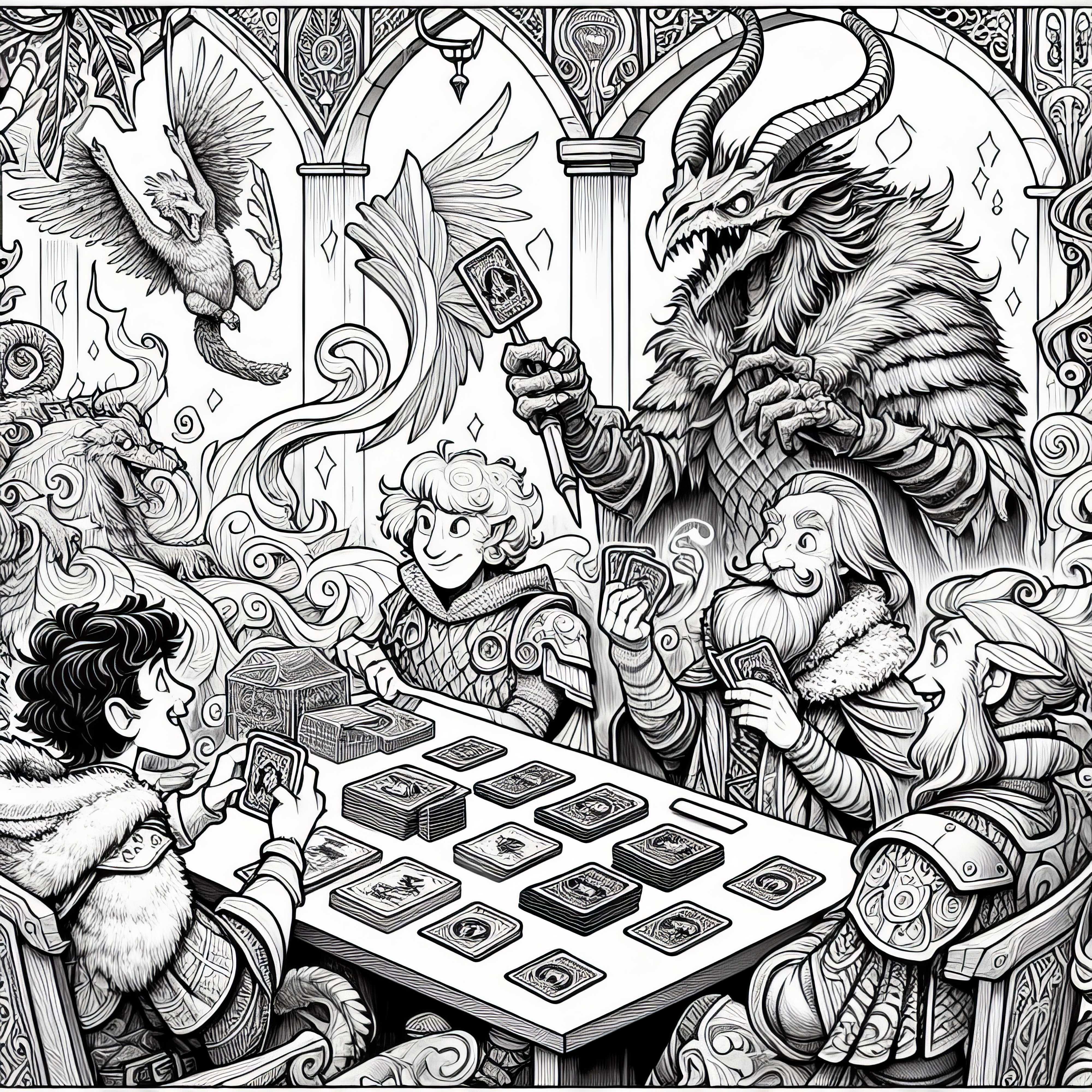 Tournoi de jeu de cartes à collectionner avec des figurines fantastiques - Modèle de coloriage pour garçons à partir de douze ans - Gratuit