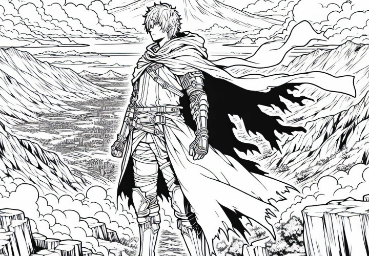 Scène d'anime avec un combattant sur une montagne – Dessin à colorier pour les garçons à partir de douze ans