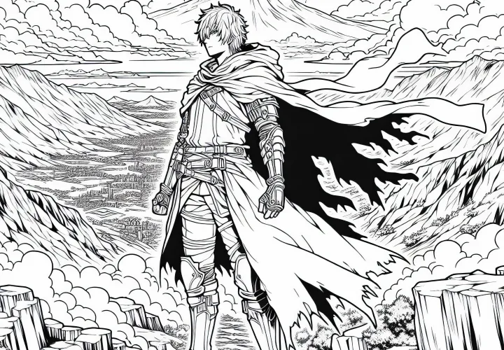 Scène d'anime avec un combattant sur une montagne – Dessin à colorier pour les garçons à partir de douze ans