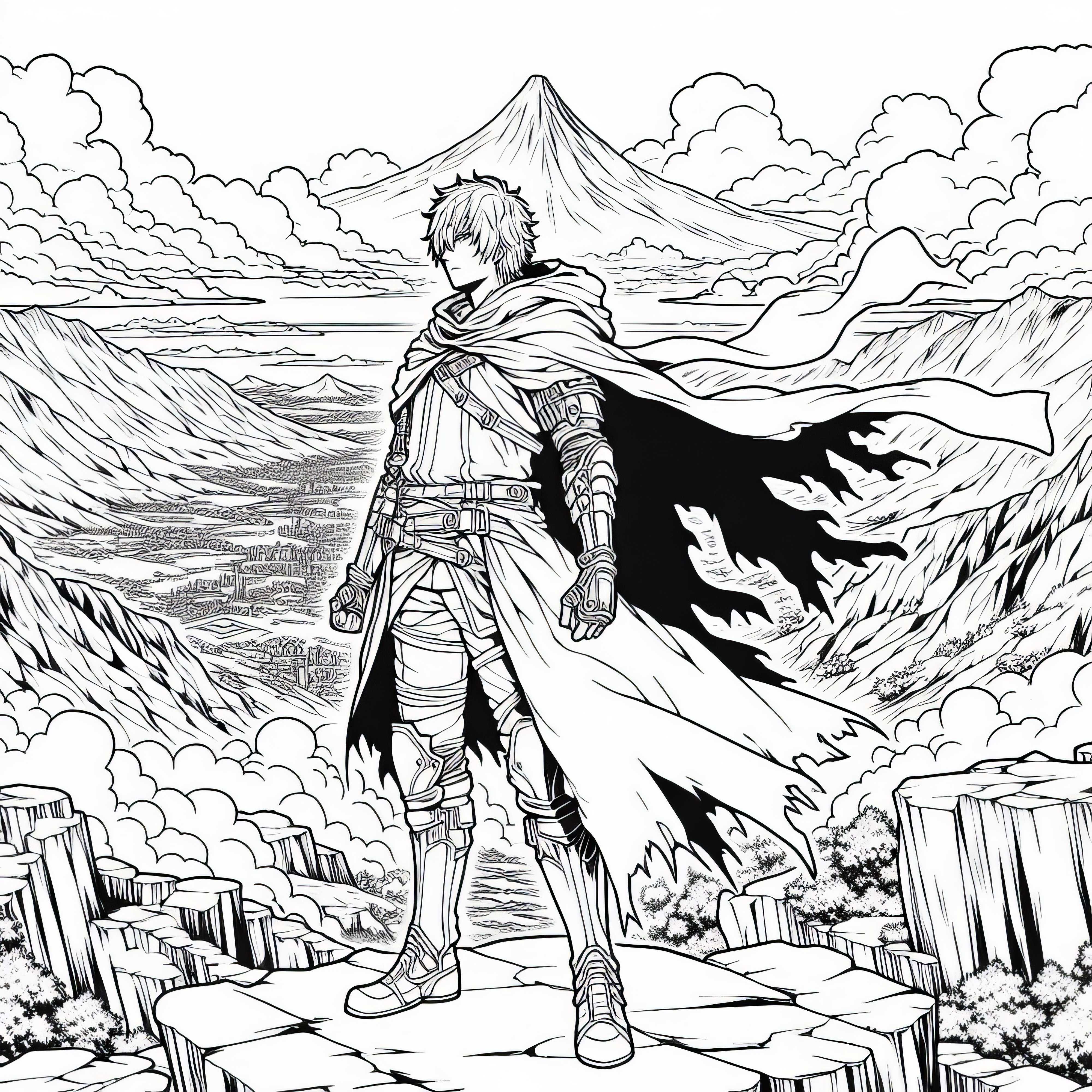 Scène d'anime avec un combattant sur une montagne - Dessin à colorier pour les garçons à partir de douze ans