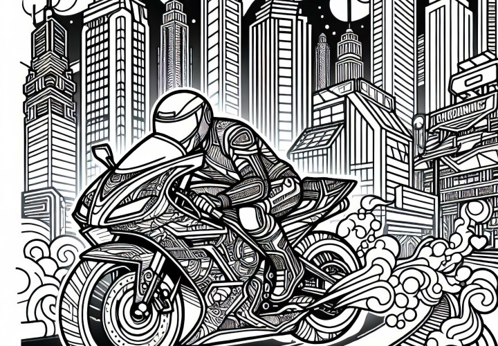 Neonville avec moto de course – Image à colorier pour les garçons à partir de douze ans – Téléchargement gratuit