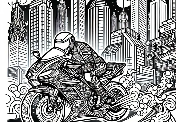 Neonville avec moto de course – Image à colorier pour les garçons à partir de douze ans – Téléchargement gratuit