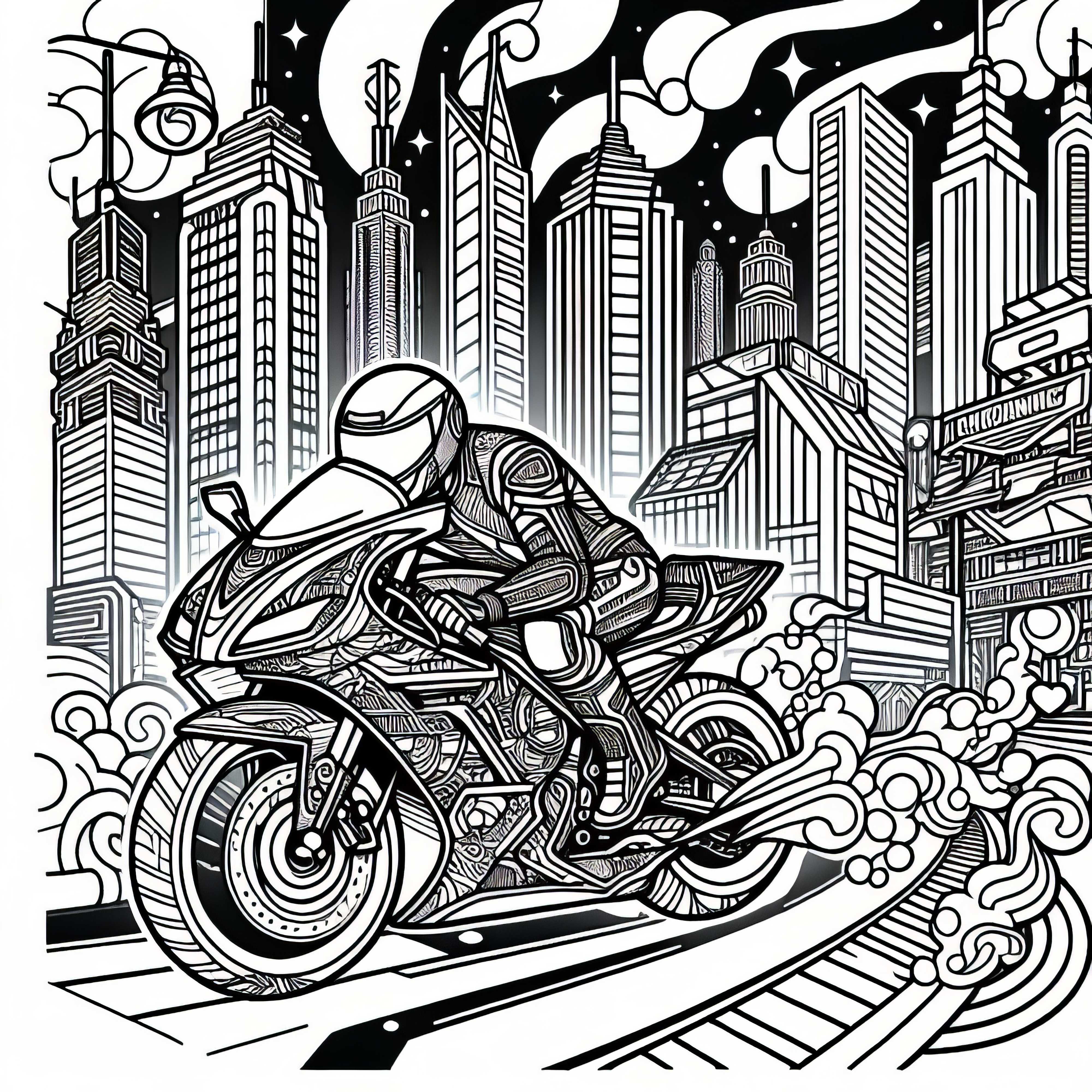 Ville néon avec moto de course – Image à colorier pour les garçons à partir de douze ans – Téléchargement gratuit